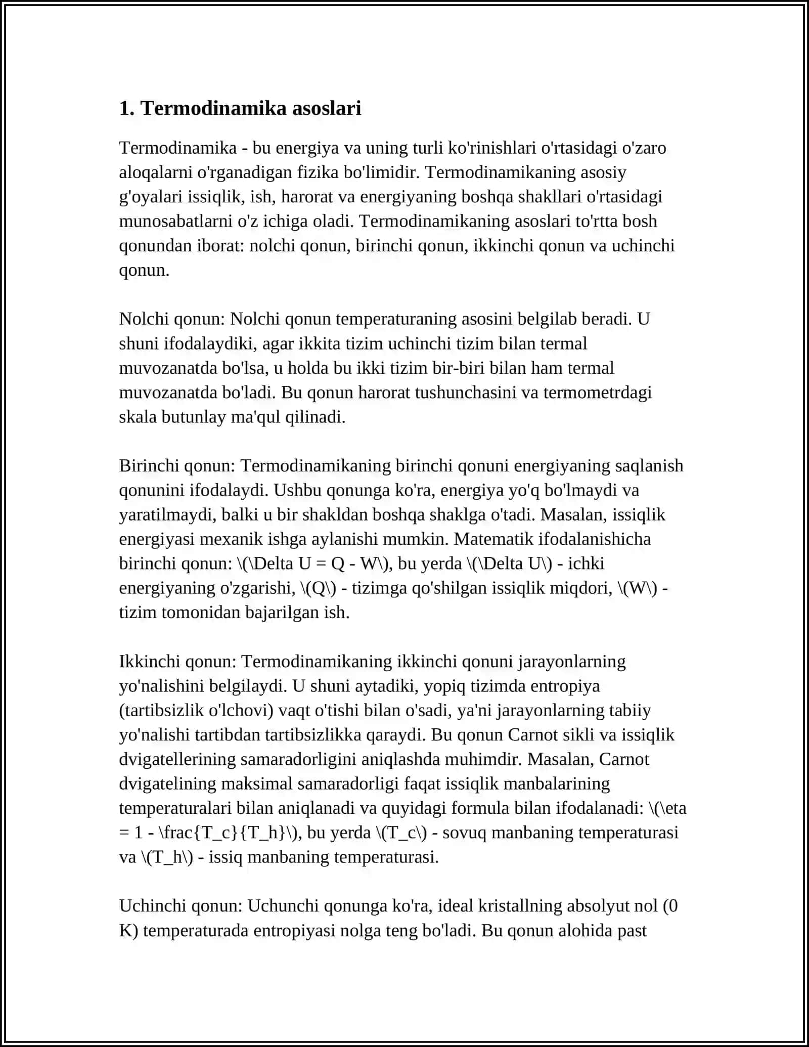 MUSTAQIL ISH Mavzu: TERMODINAMIKA ASOSLARI. TERMODINAMIKANING UCHINCHI QONUNI 3