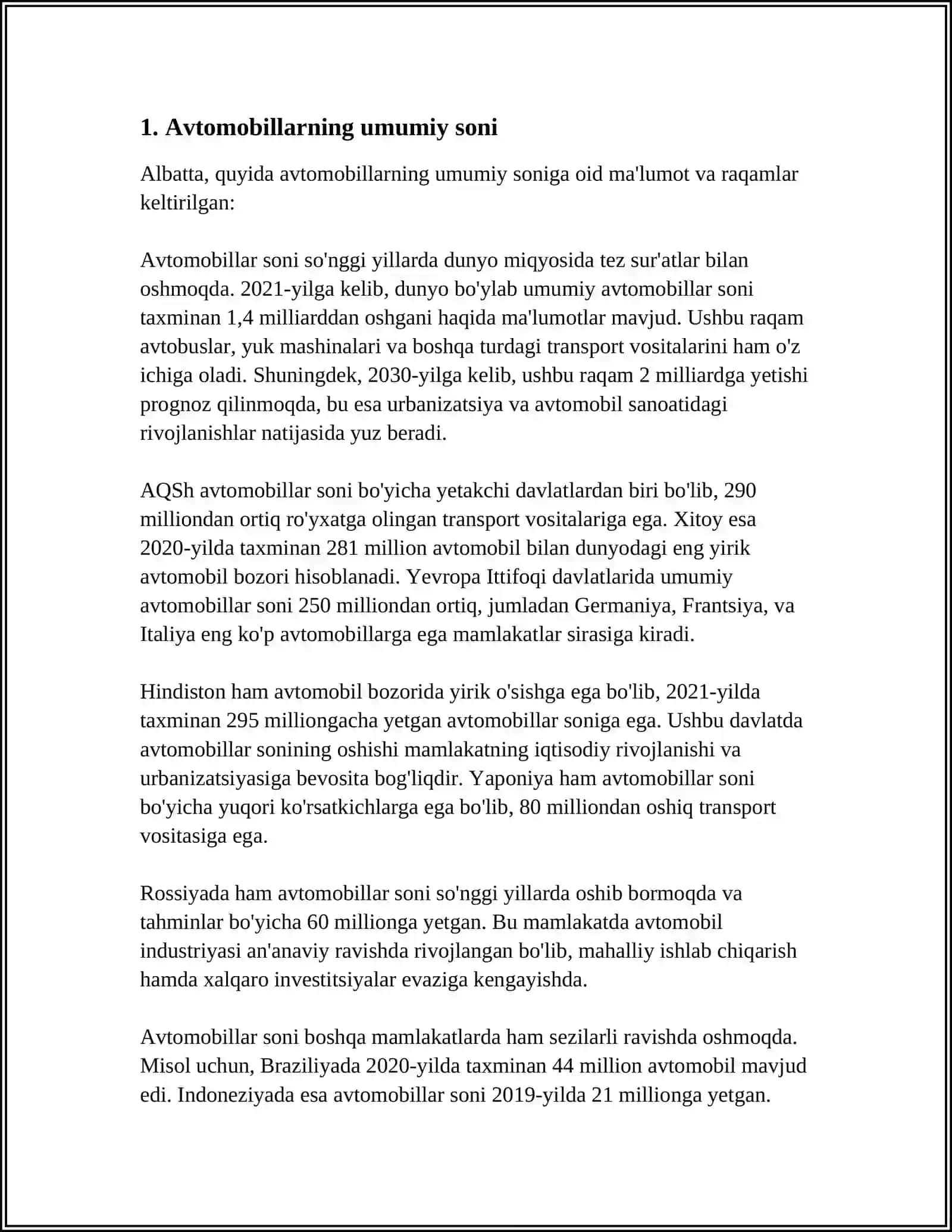 ÕZBEKISTON RESPUBLIKASIDA AVTOMOBILLASHTIRISH VA YÕL TARMOQLARINING ÕSISH KÕRSATKICHLARI 3