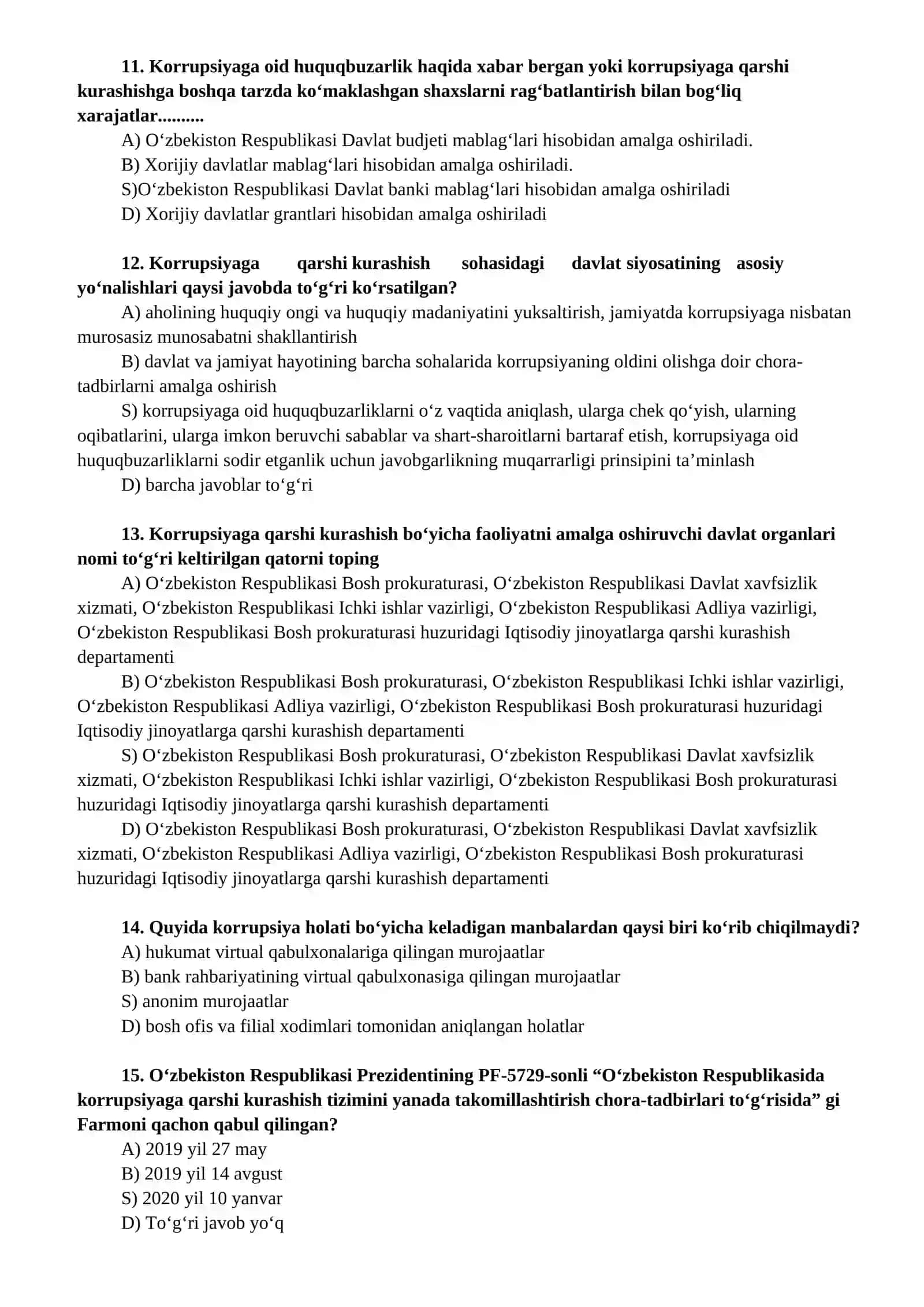 Korrupsiya va uni oldini olish bo‘yicha bilim darajalarini aniqlash yuzasidan 3