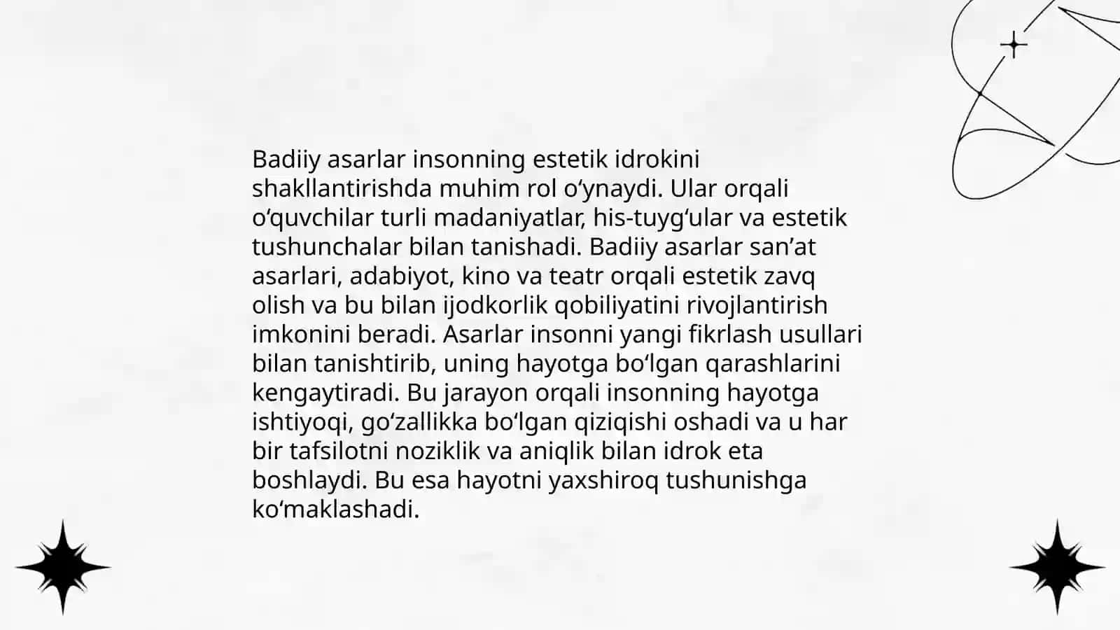 Dunyoni estetik idrok etishda badiiy asarlarining ahamiyati Jabborova Gulzoda 3