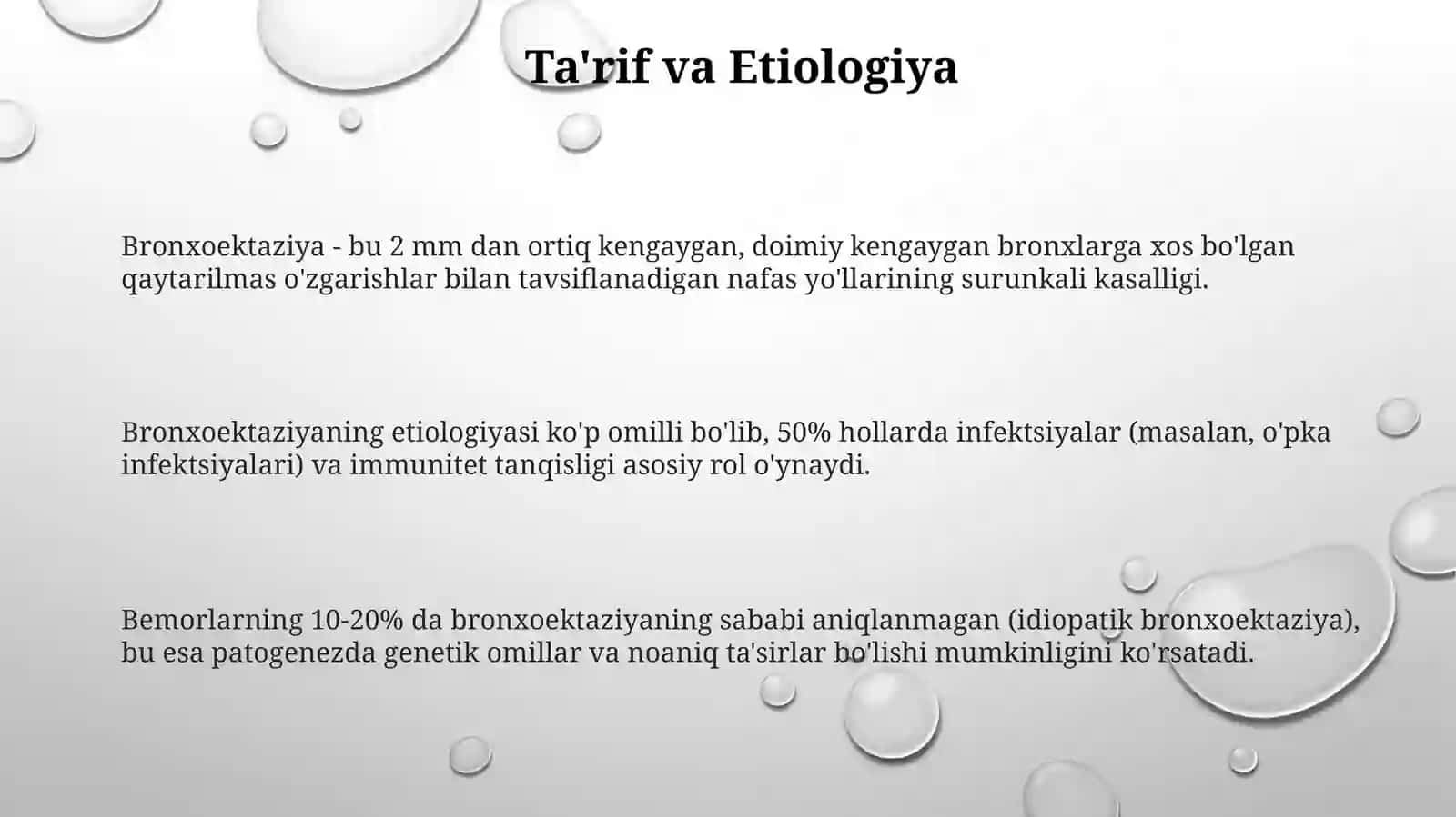 Bronxoektaziya - bu 2 mm dan ortiq kengaygan, doimiy kengaygan bronxlarga xos bo'lgan qaytarilmas o'zgarishlar bilan tavsiflanadigan nafas yo'llarining surunkali kasalligi 3
