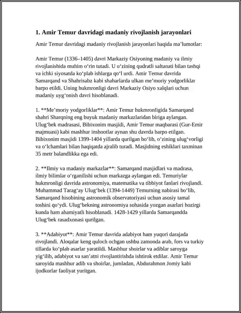 Amir Temur va Temuriyler davrida Movarounnahrda madaniy rivojlanish 3