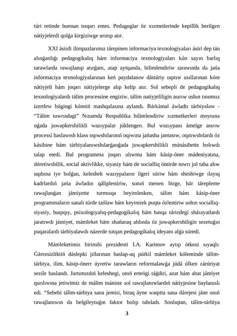 KURS JUMISI SAWAT ÚYRETIW DÁWIRINDE OQIWSHILARDI ÓZBETINSHE JUMISLARǴA ÚYRETIW 3