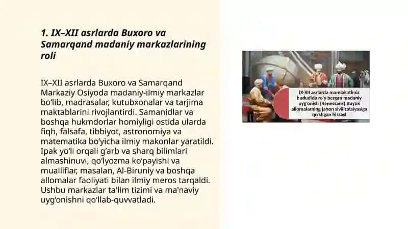 IX-XII asrlarda mamlakatimiz hududida ròy bergan madaniy uyģonish ( Renessans) Buyuk allomalarning jahon sivilizatsiyasiga qòshgan hissasi 3
