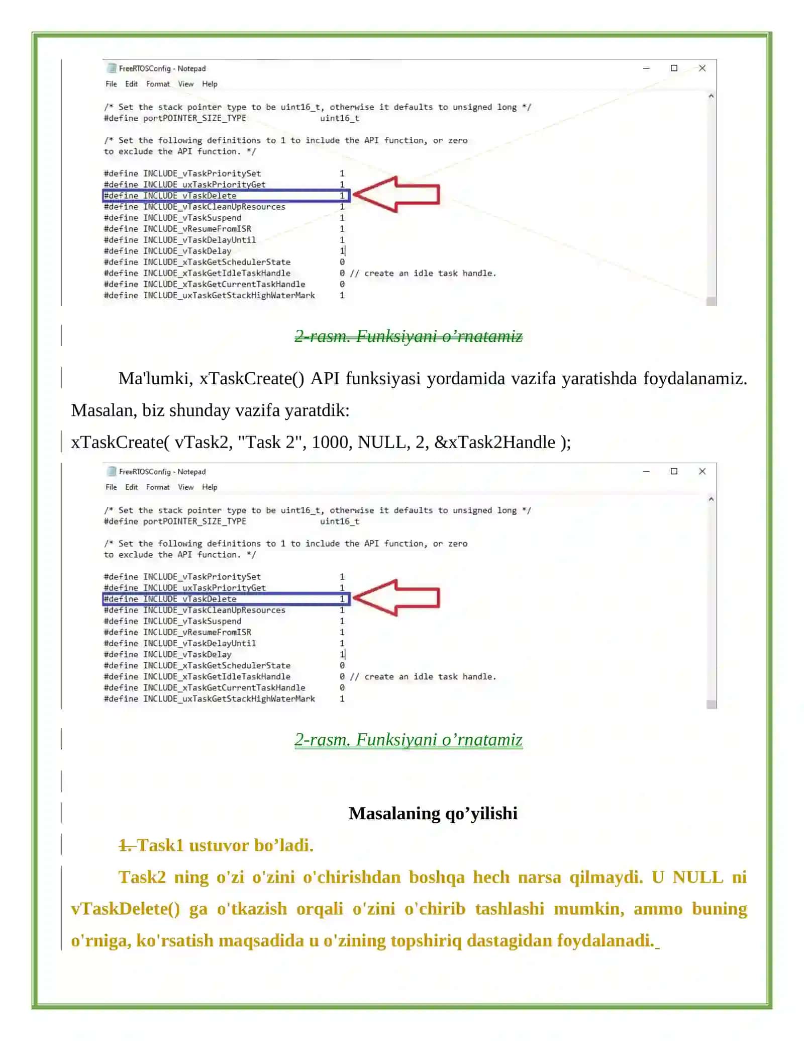 FreeRTOS vazifalarni o’chirish (Task Deletion). Vazifalarni o’chirishni ko’rsatish 3
