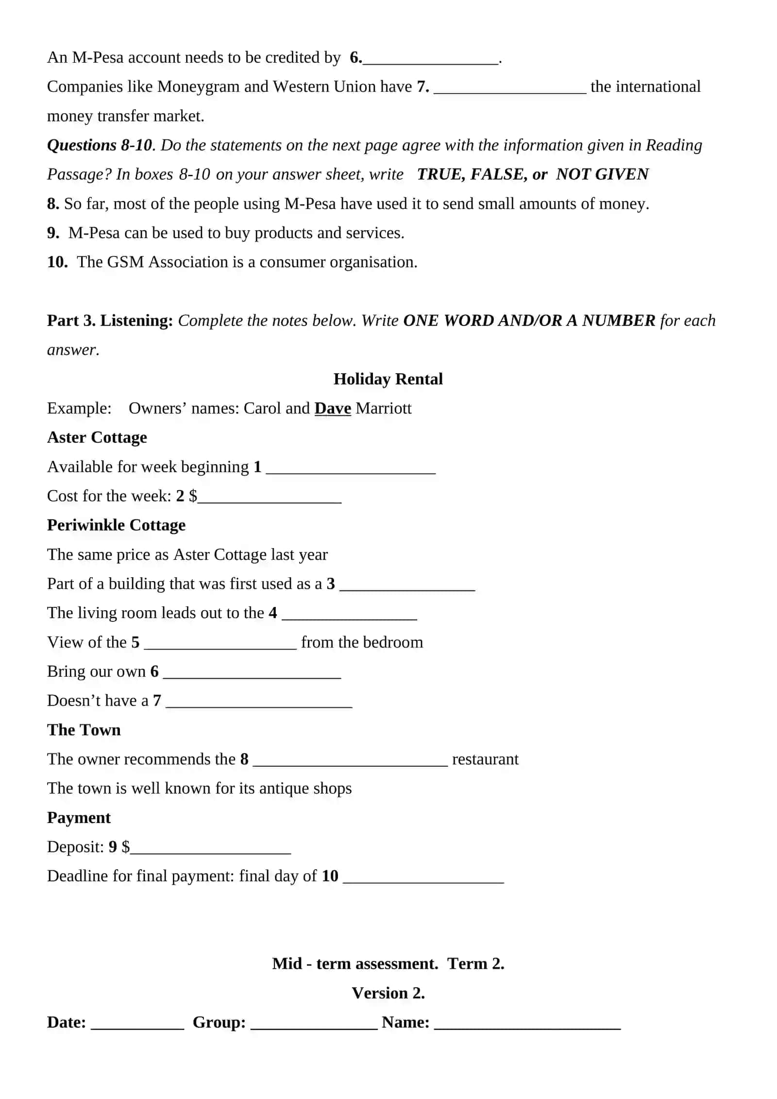 Mid - term assessment. Term 2 3