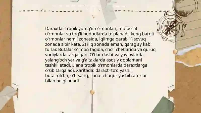 O'simliklar turkumlari va ularning tabiiy joylashizhlari(xaritada belgilash) 3