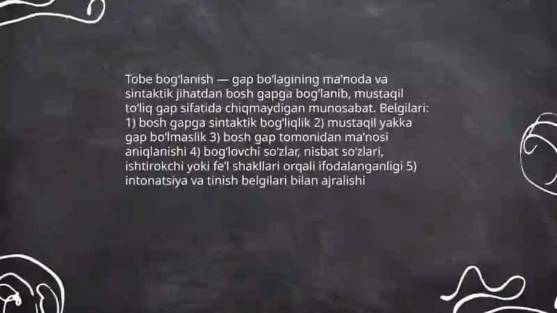 Tobe bog‘lanish va gap bo‘laklari o‘rtasidagi sintaktik munosabatlar 3