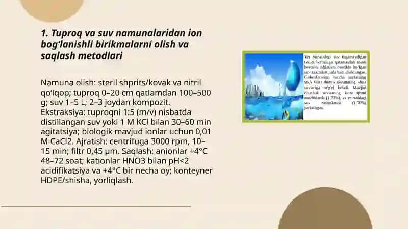 Tuproq va suvning ifloslanishida ion bogʻlanishli birikmalarni aniqlab ulardan tozalash usulini ishlab chiqish 3