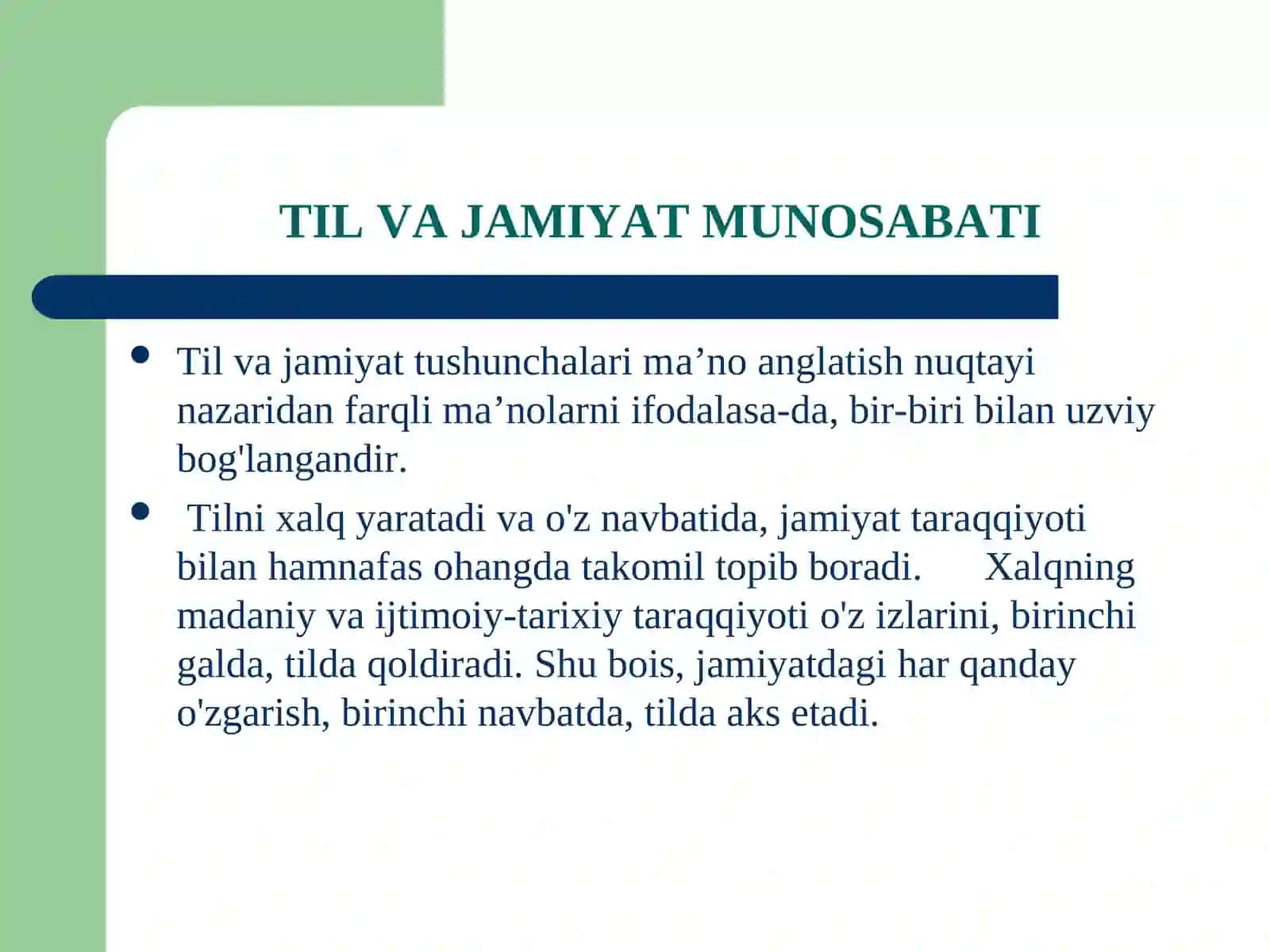 Til tаrаqqiyotining jаmiyat tаrаqqiyoti bilаn munоsаbаti. Tilva tafakkur munosabati 3
