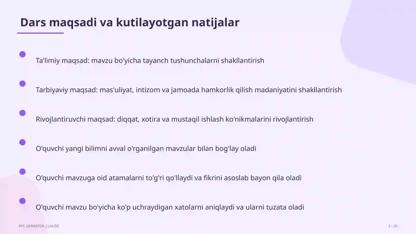 Ta'limiy maqsad: mavzu bo'yicha tayanch tushunchalarni shakllantirish 3