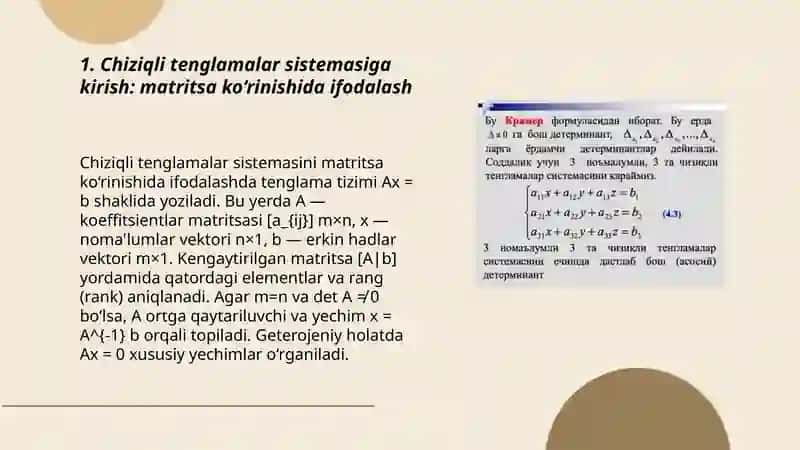 Chiziqli tenglamar sistemasini teskari matritsa yordamida yechish 3