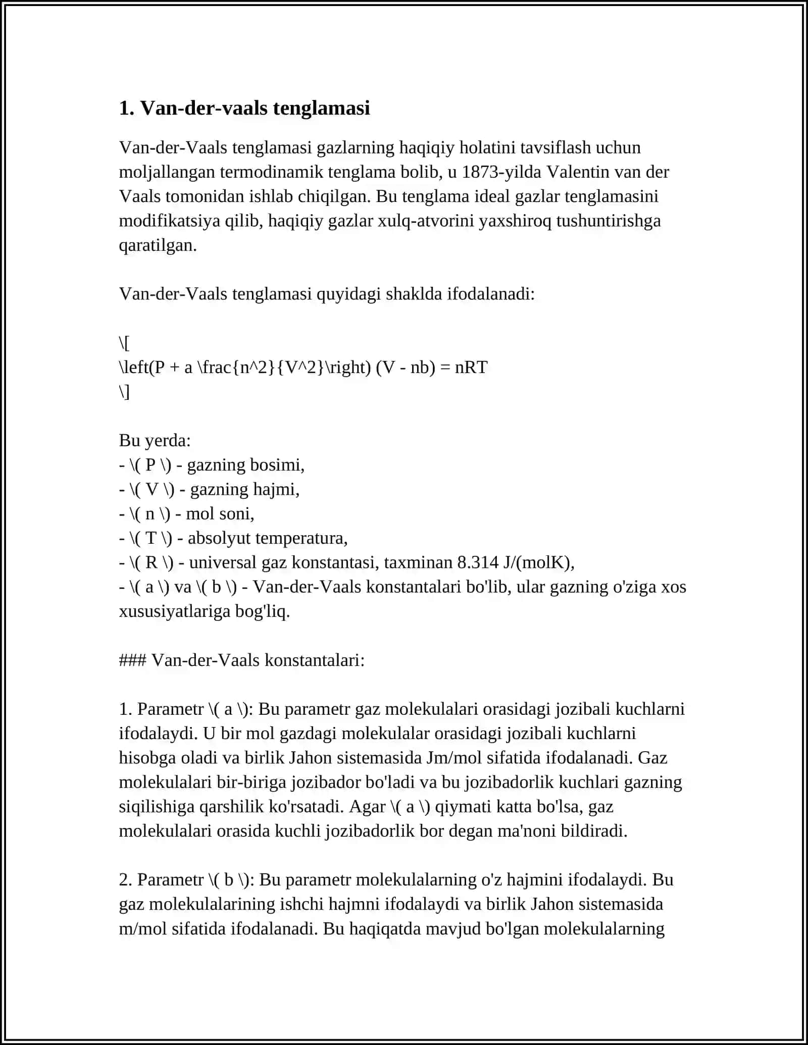 VAN-DER-VAALS TENGLAMASI VA IZOTERMALARI. REAL GAZNING ICHKI ENERGIYASI 3
