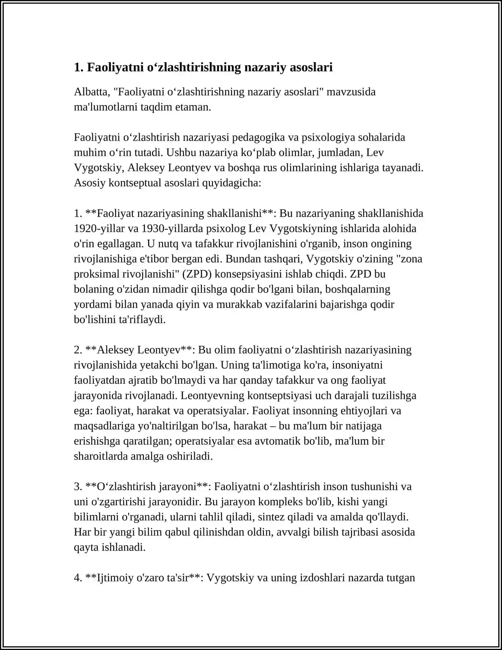 FAOLIYATNING OʻZLASHTIRILISHI VA MALAKALARNI EGALLASH. SINOSKA BILAN REFERAT 3