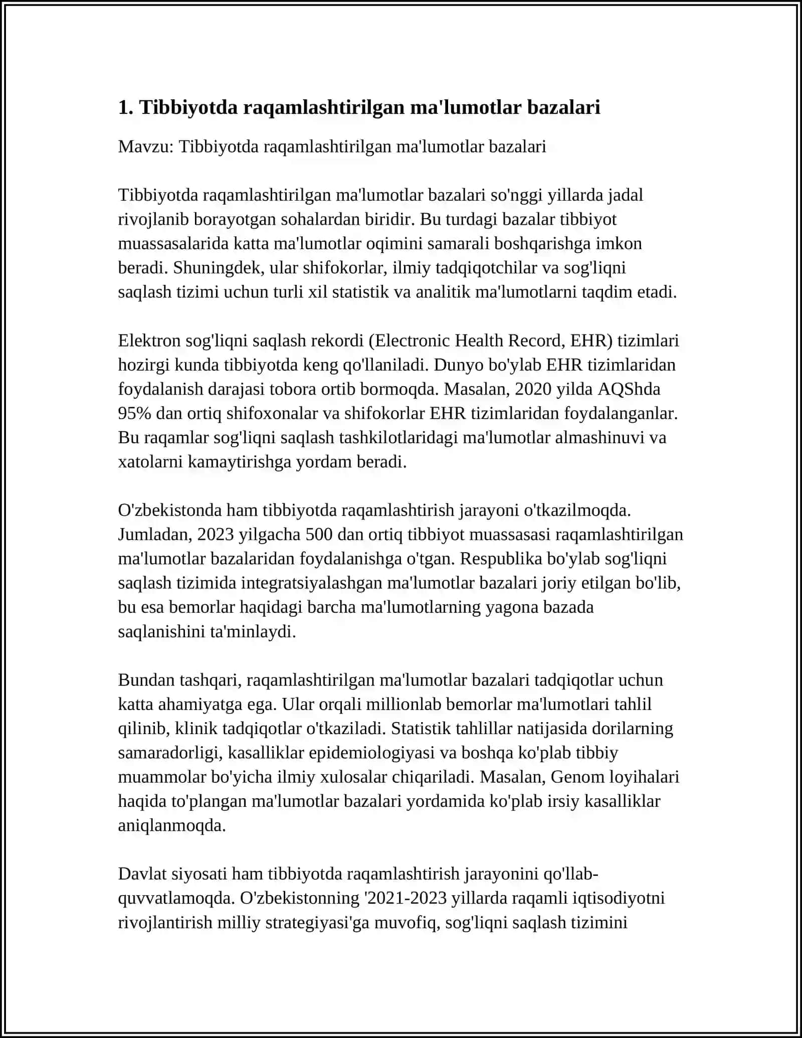 TIBBIYOTNI RAQAMLASHTIRISH. ZAMONAVIY AXBOROT TEXNOLOGIYALARINING TIBBIYOTDA QO‘LLANILISHI. AXBOROT KOMMUNIKATSION TEXNOLOGIYALARINI TA’LIM SOHASI, ISHLAB CHIQARISH VA TIBBIYOTDA TADBIQ ETISH 3