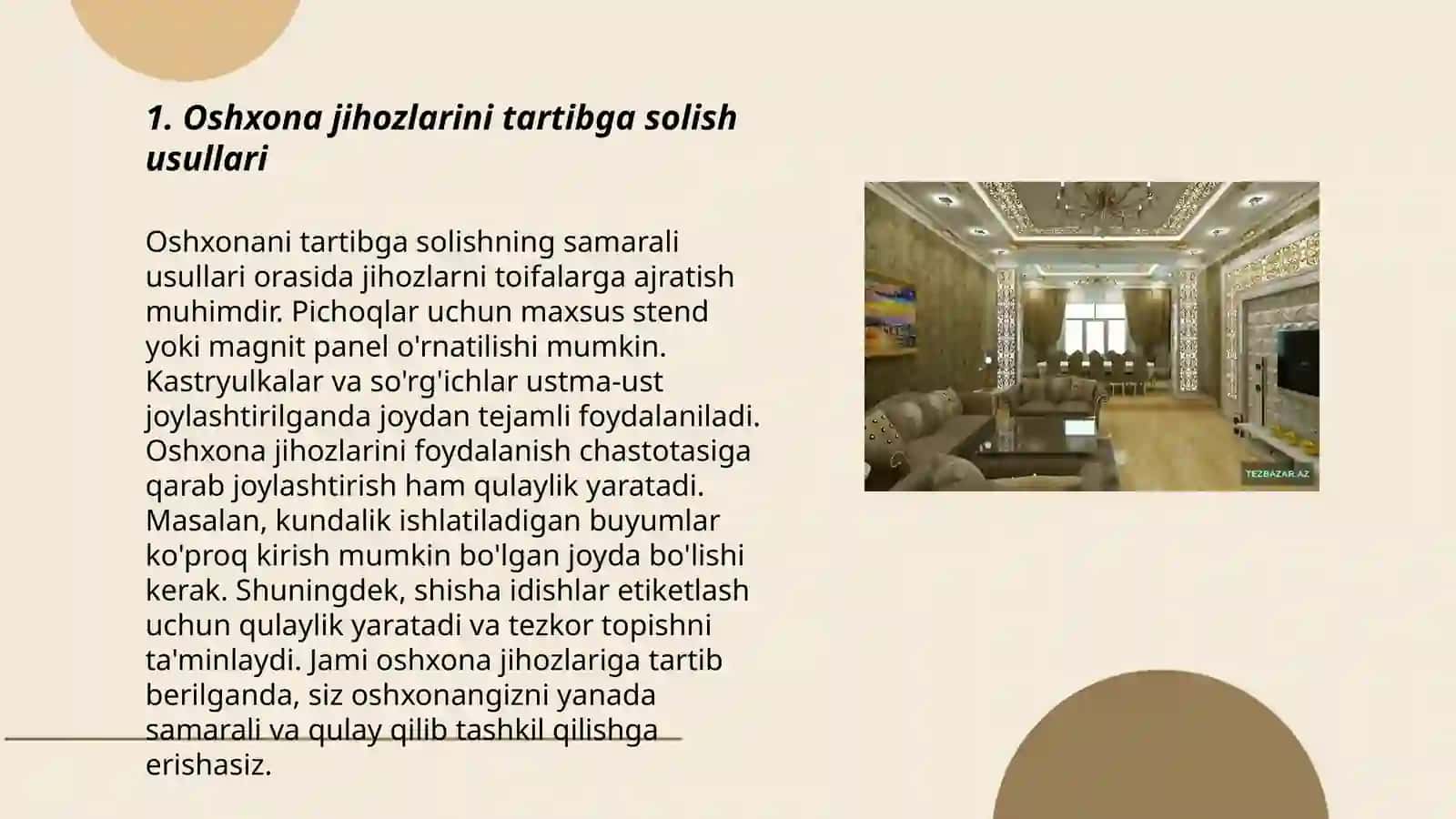 Oshxona, uy anjomlarini saqlash, tozalash va jihozlash usullari 3