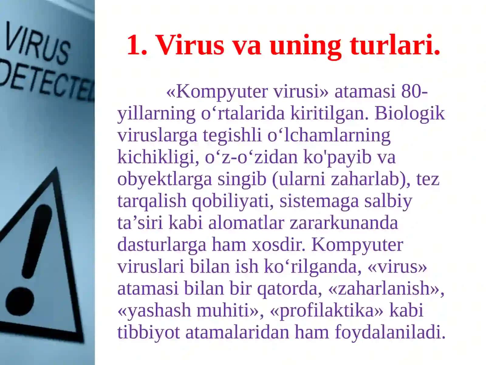 Antivirus dasturiy vositalar: kompyuter viruslarining xarakteristikalari, viruslarni aniqlash va ulardan himoya qilish dasturlari. 3