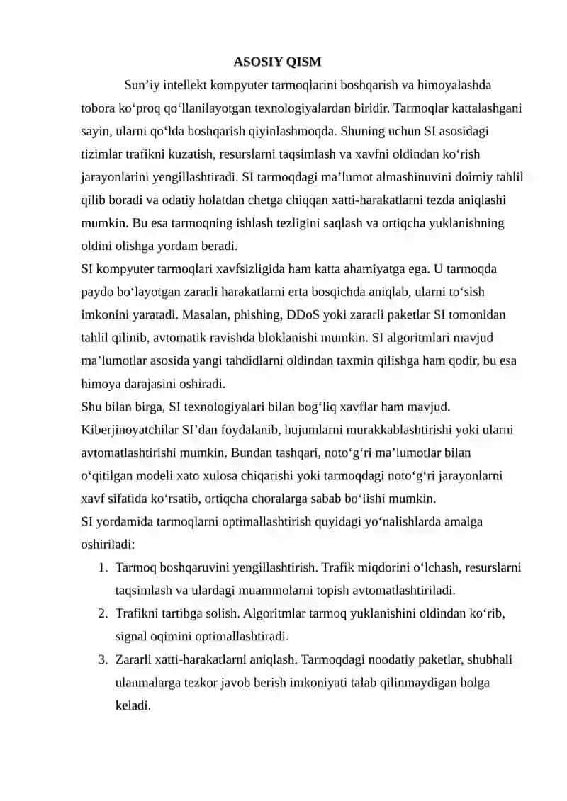 SUN’IY INTELLEKT YORDAMIDA KOMPYUTER TARMOQLARINING OPTIMALLASHTIRILISHI VA XAVFSIZLIGINI OSHIRISH MASALALARI 3