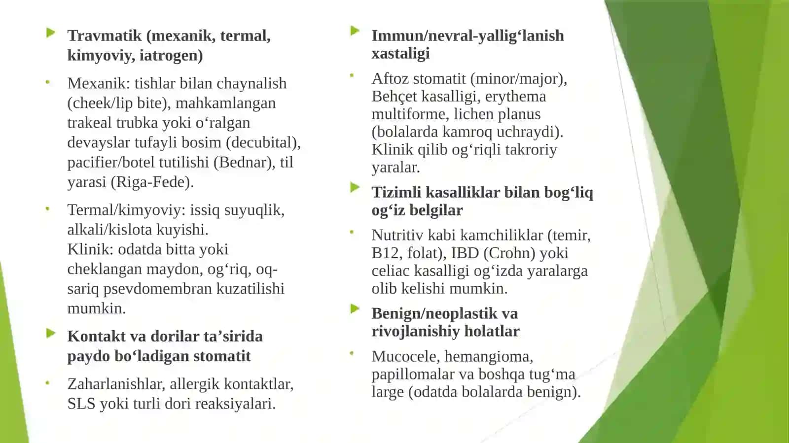 Bolalarda og’iz bo’shlig’i shilliq qavati kasalliklari tasnifi. Bolalar yoshida og’iz bo’shlig’I shilliq qavatining travmatik shikastlanishlari (dekubital yaralar, Bednar aftasi) klinik kechishi, tashxisi, davosi. 3