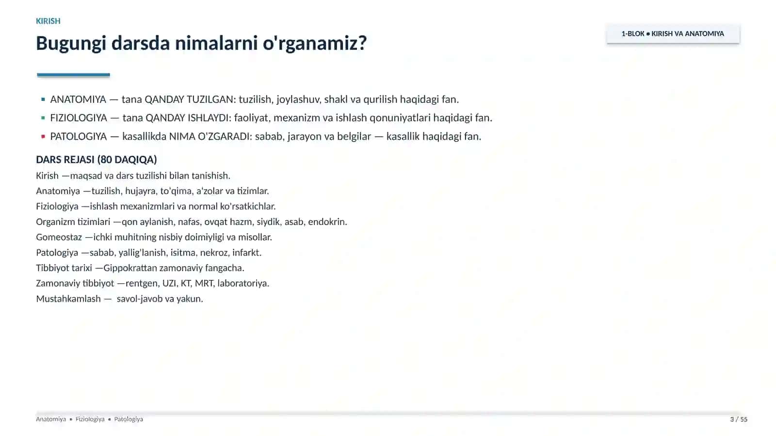 Anatomiya, fiziologiya va patologiya fani vazifasi, tarixi. Slayd 3
