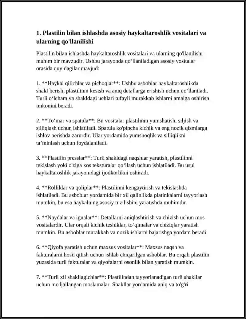 PLASTILIN BILAN ISHLASHDA HAYKALTAROSHLIK ELEMENTLARIDAN FOYDALANISH 3