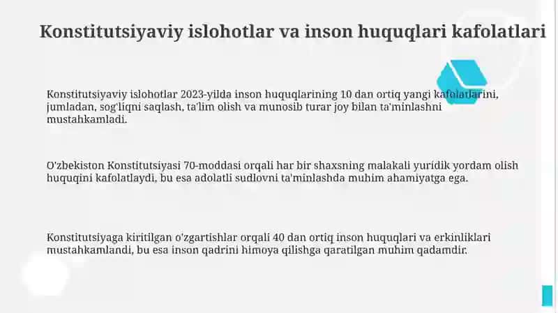 Yangi o'zbekistonda inson haq-huquqlari a erkinliklari kafolatining yaratilishi 3