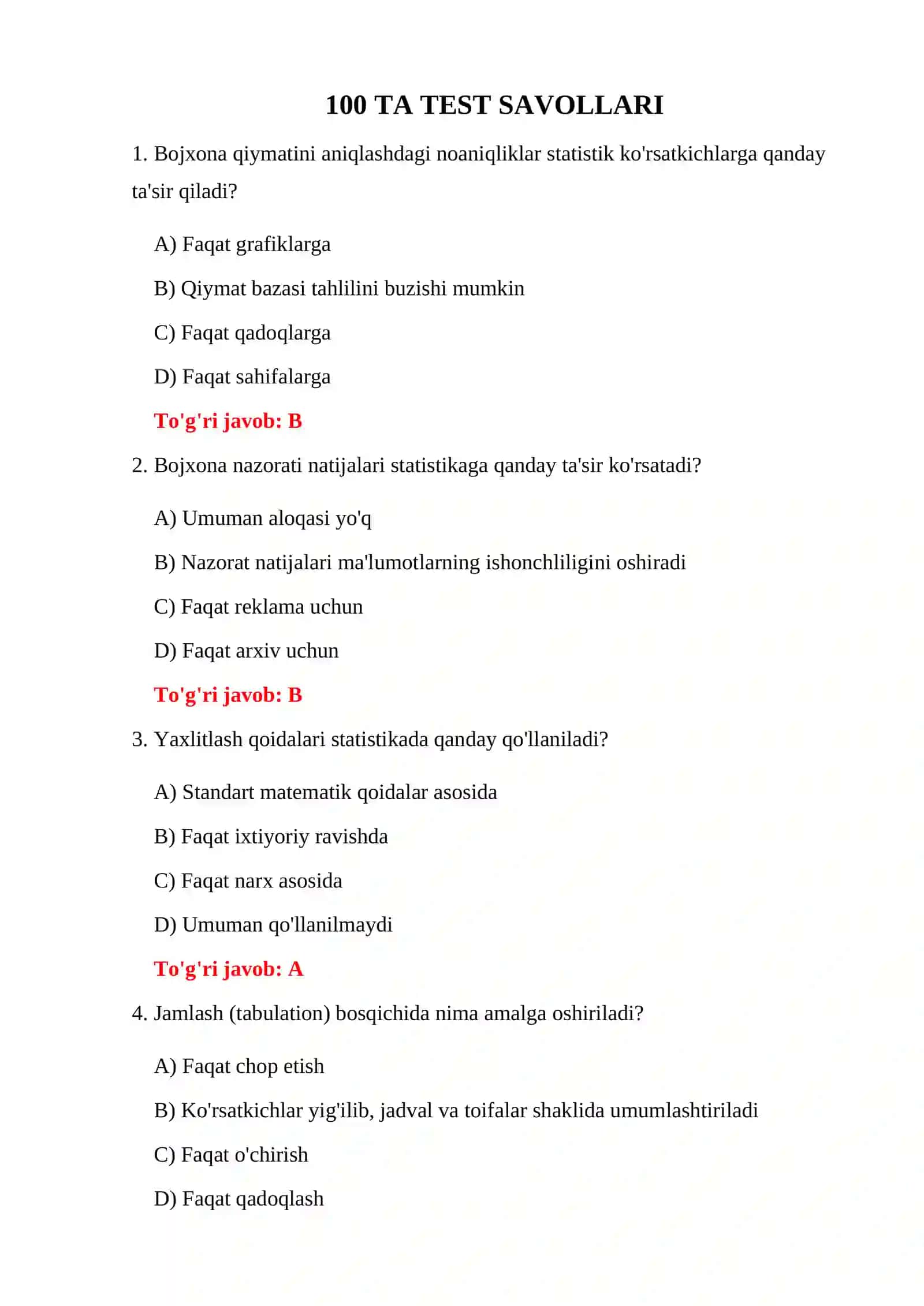 BOJXONA STATISTIKASI 100 TA TEST 3