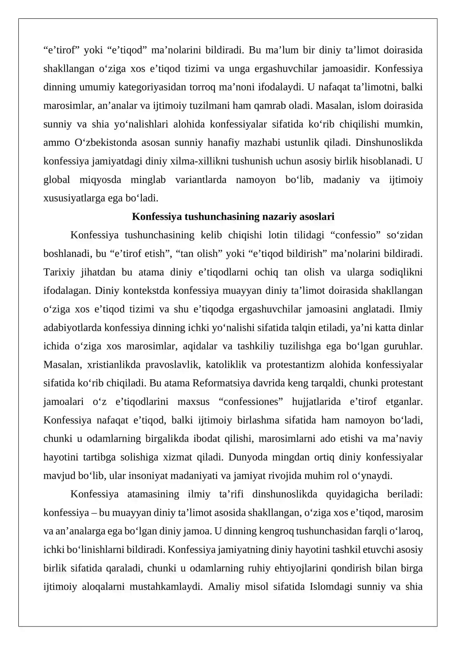 Konfessiya tushunchasining mohiyati va O‘zbekistonda faoliyat yurituvchi diniy konfessiyalarning tasnifi 3
