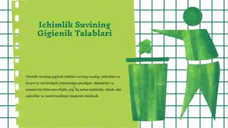 Ichimlik suvining sifatiga bo'lgan gigienik talablar.Ichimlik suvining sifatini yahshilashdagi asosiy va yordamchi usullar. 3