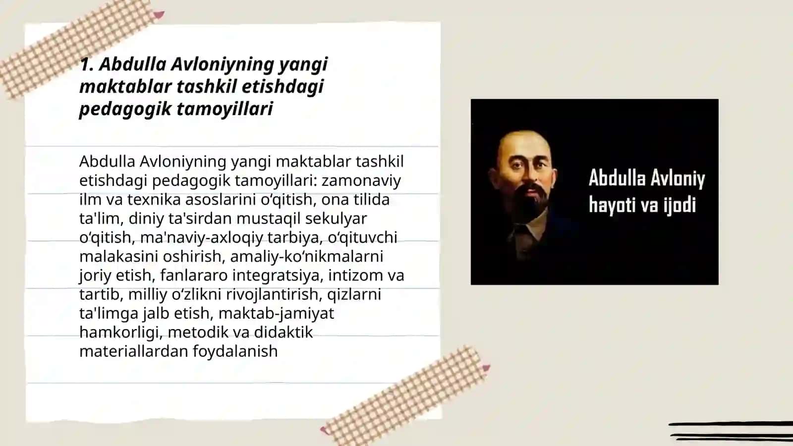 Abdulla Avloniy ijodi yangi maktablar õquv jarayonlari, dars uslubi tashkil etishdagi faoliyati 3