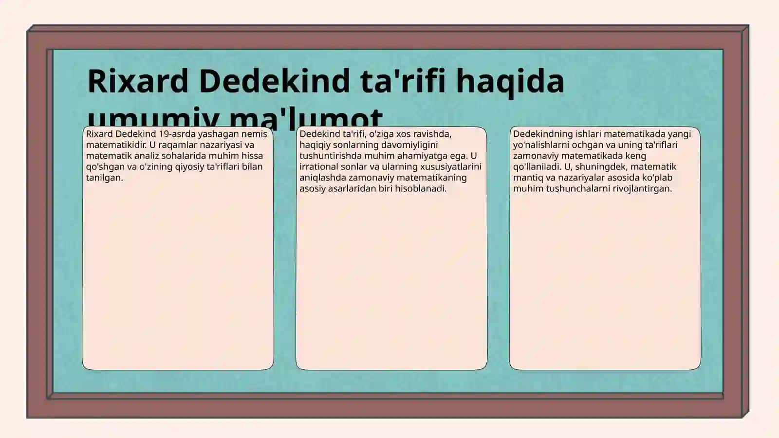 Irratsional sonning tarifi (Rixard Dedekind tarifi boʻyicha).Haqiqiy sonlar toʻplamining uzluksizligi.Sonlar toʻplamining chegaralari.Aniq yuqori va aniq quyi chegaralar.Berngard Bolsano teoremasi. 3