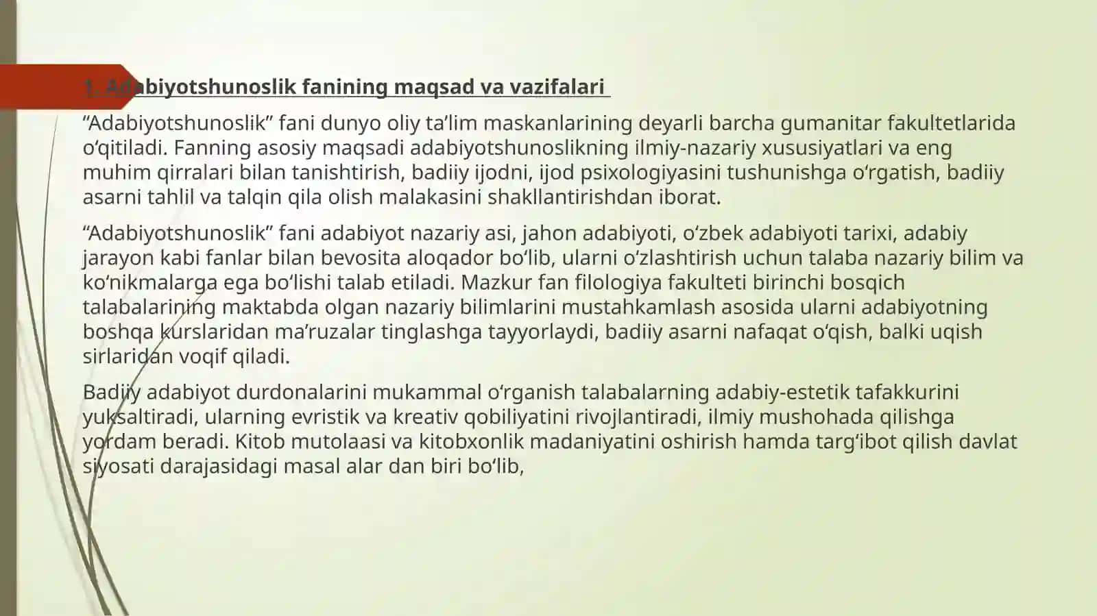 “Adabiyotshunoslik nazariyasi”ning maqsad va vazifalari. Adabiyotshunoslik – badiiy adabiyot to’g’risidagi fan. Badiiylik belgilari va xususiyatlari 3