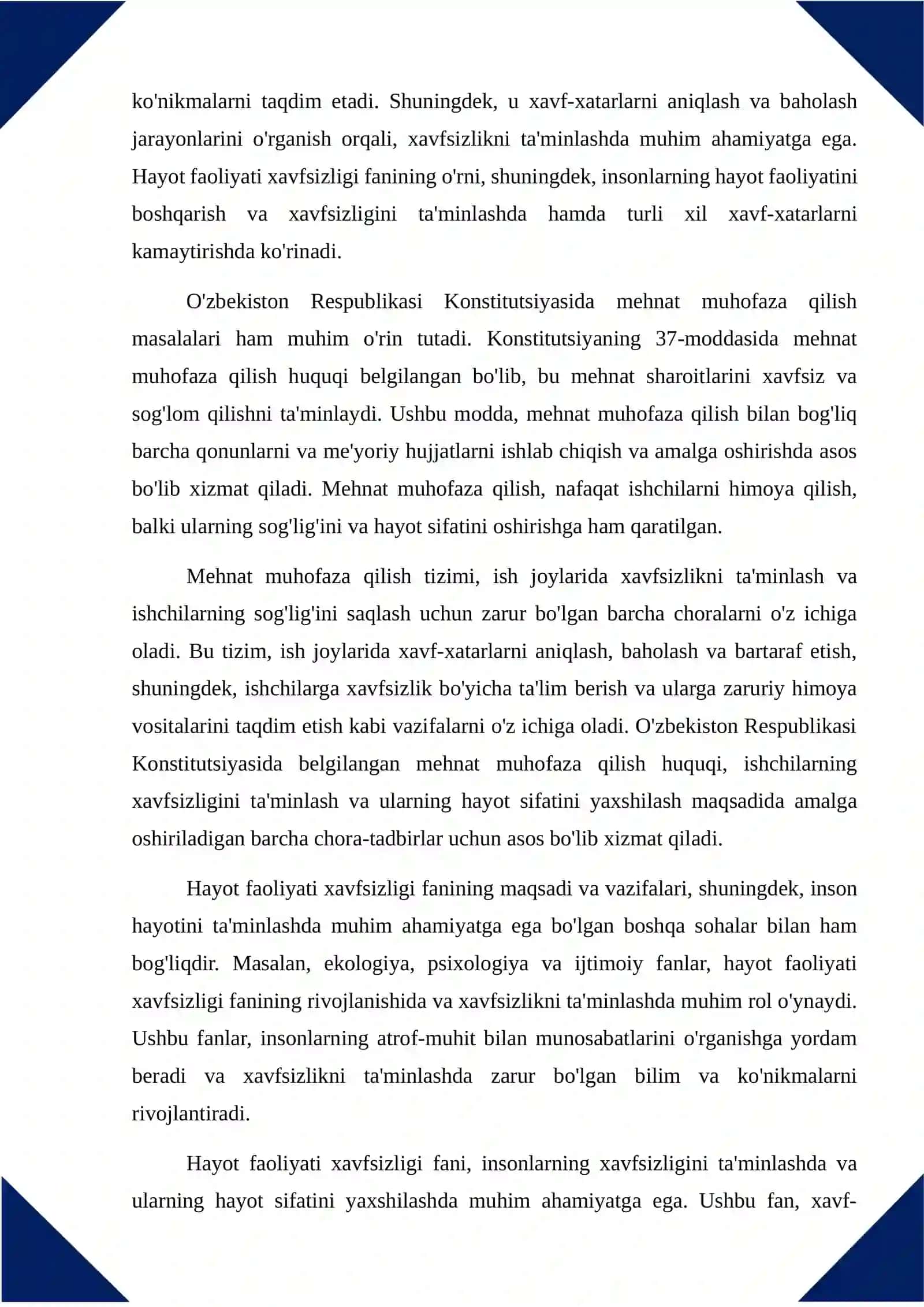 Hayot faoliyati xavfsizligi fanining maqsadi vazifasi va tarkibiy qismlari. O'zbekiston Respublikasi Konstitutsiyasida mehnat muhofaza qilishni ifodalanishi 3