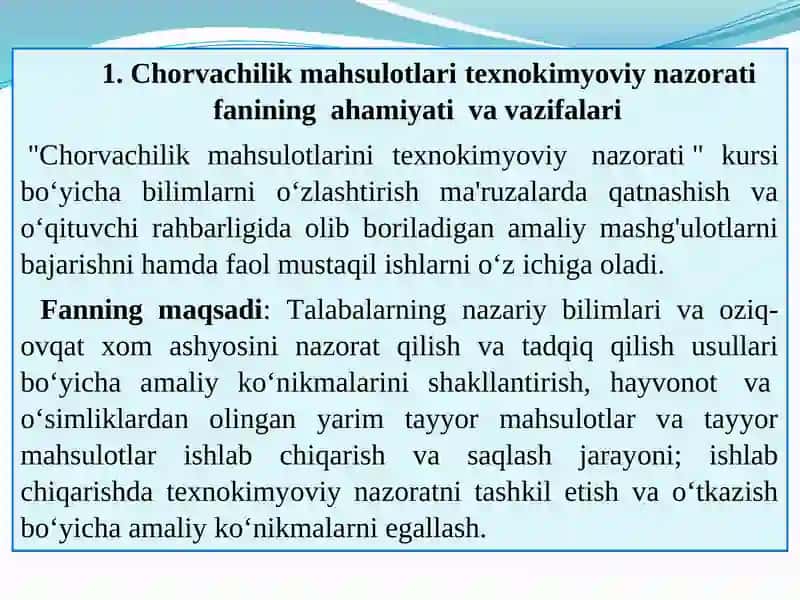 CHORVACHILIK MAHSULOTLARINI QAYTAISHLASH TEXNOLOGIYASI TA'LIM YO'NALISHI 3