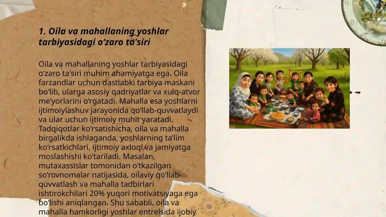 Oila va mahallaning bolalar va yoshlar tarbiyasiga ta‘sirini oshirish maqsadida " Oila va mahallaning yoshlar tarbiyasidagi o‘rni"," Oila ma‘naviyati" 3