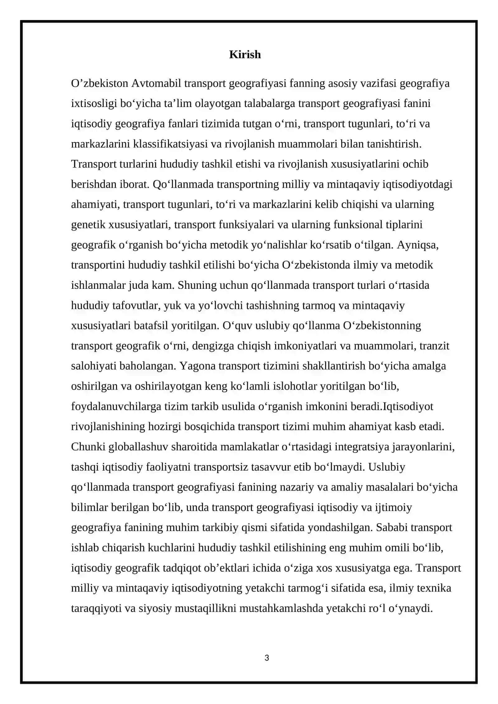 O`zbekistonda avtomobil transporti geografiyasining shakillanishi. KURS LOYIHASI 3