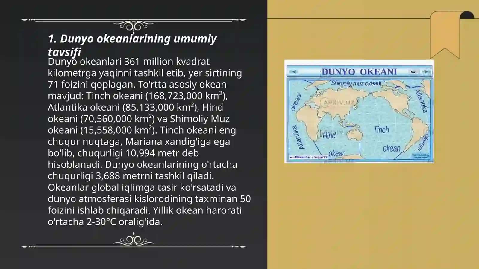 Dunyo okeani (Tinch Atlantika Hind Shimoliy muz)okeaniga tavsif 3
