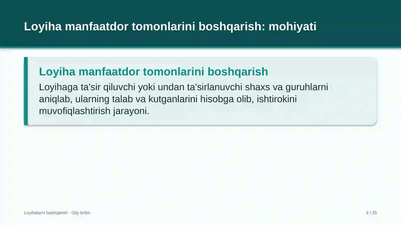Loyihalarni boshqarish · Oliy ta'lim 3