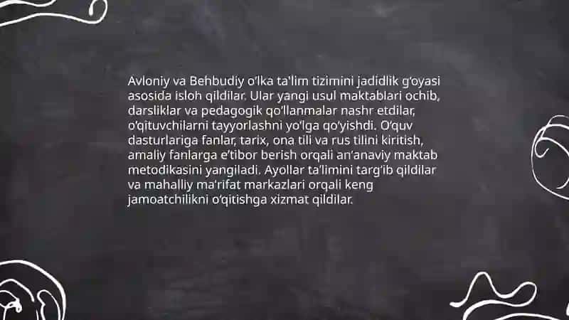 Jadid ma’rifatparvarlarining o‘lka ta'lim tizimini isloh etishdagi roli (Avloniy, Behbudiy) 3