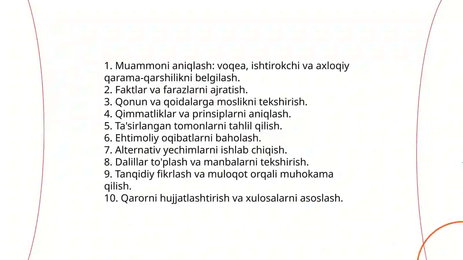 O'quvchilarda axloqiy tafakkur, mas'uliyat va huquqiy savodxonlikni shakllantirish, real hayotiy vaziyatlarni tahlil gilish orgali muammoni aniglash, dalillash va yechim topish ko'nikmalarini rivojlantirish. 3