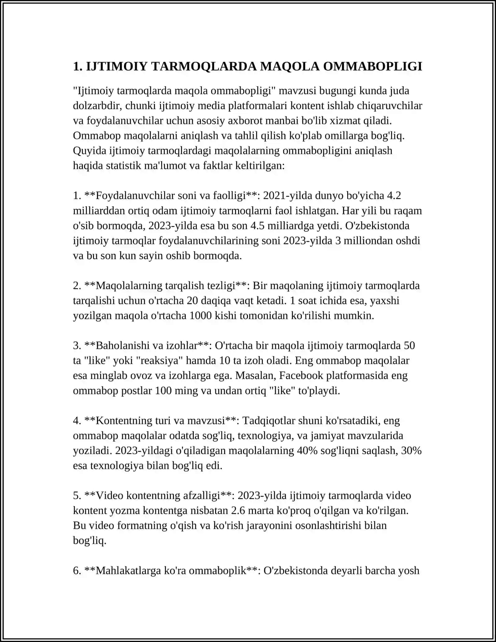 IJTIMOIY YANGILIKLAR TARMOQLARIDAGI MAQOLALARNING OMMABOPLIGINI BASHORAT QILISH USULLARINI QIYOSIY TAHLIL QILISH 3