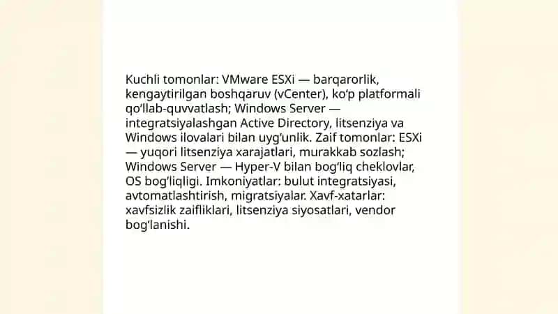 VMware ESXi (vSphere) va Windows Server uchun SWOT tahlili 3