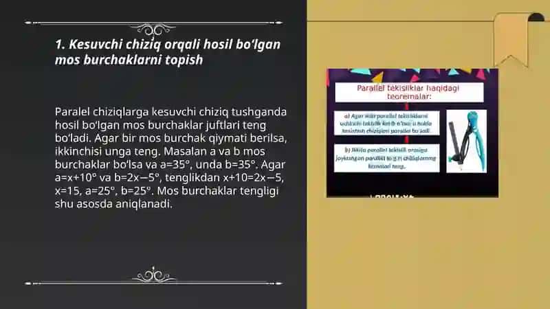 Kesuvchi chiziq orqali hosil boʻlgan mos burchaklarni topish 3