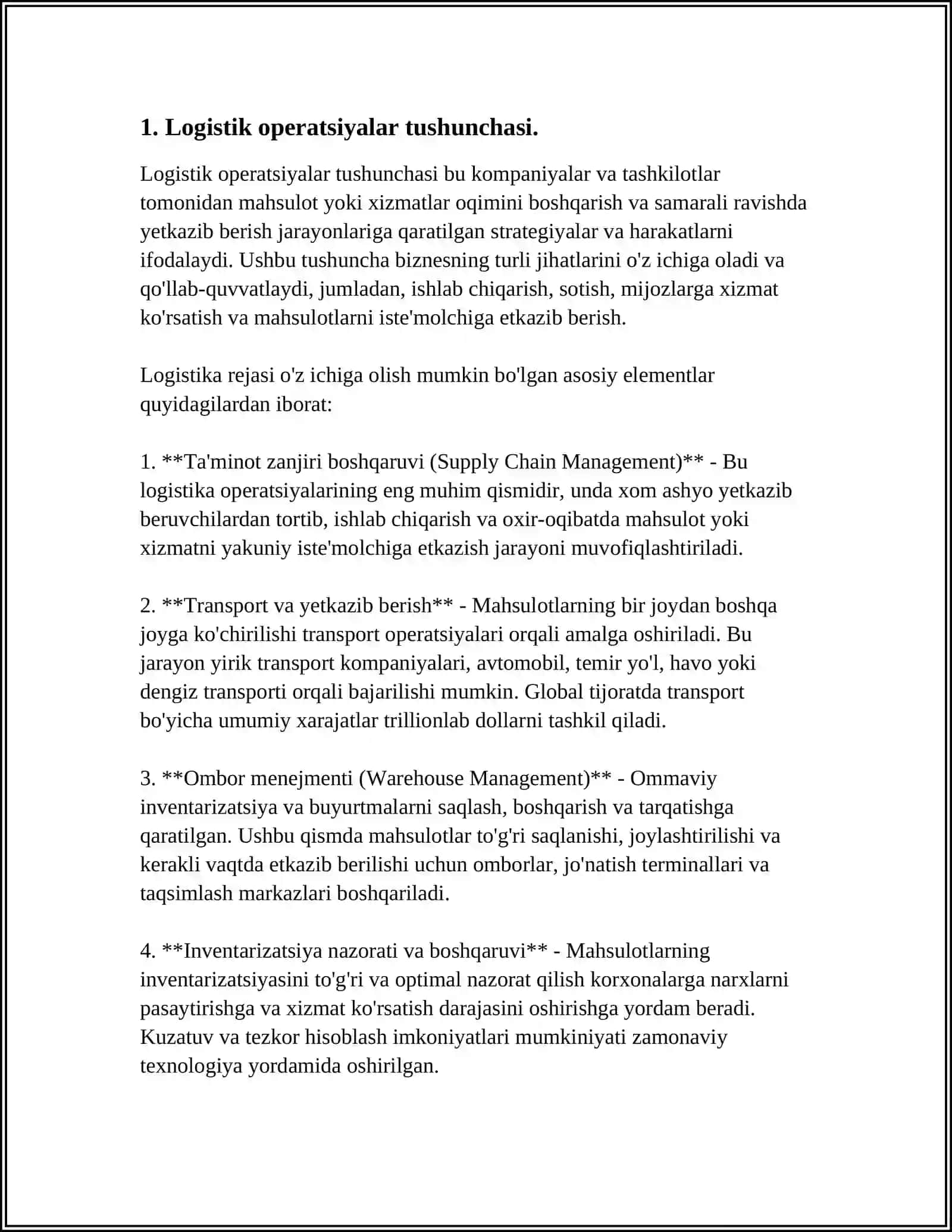 LOGISTIK OPERATSIYALAR VA FUNKSIYALARNING MOHIYATI, ULAR HAJMINI HISOBLASH USULLARI 3