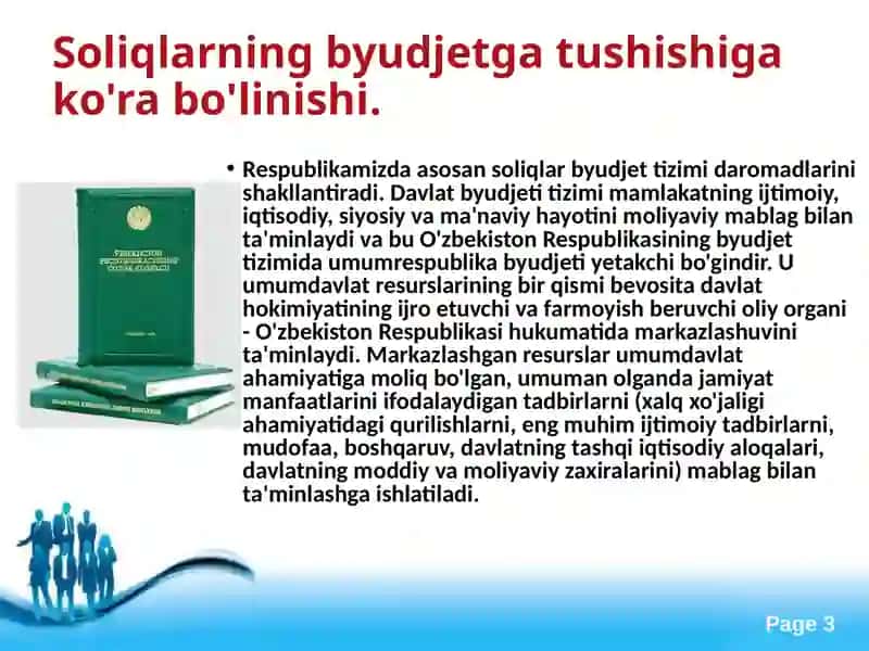 Soliqlarning byudjetga tushishiga ko'ra bo'linishi 3