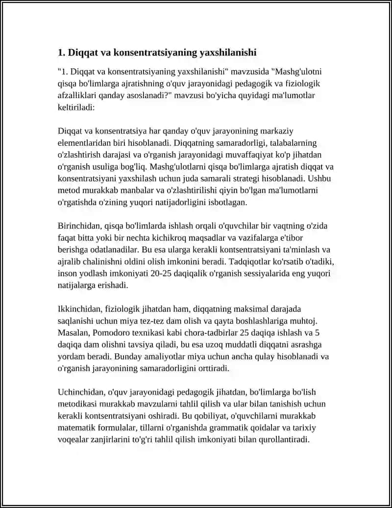 MASHG'ULOTNI QISQA BO'LIMLARGA AJRATISHNING O'QUV JARAYONIDAGI PEDAGOGIK VA FIZIOLOGIK AFZALLIKLARI QANDAY ASOSLANADI? 3