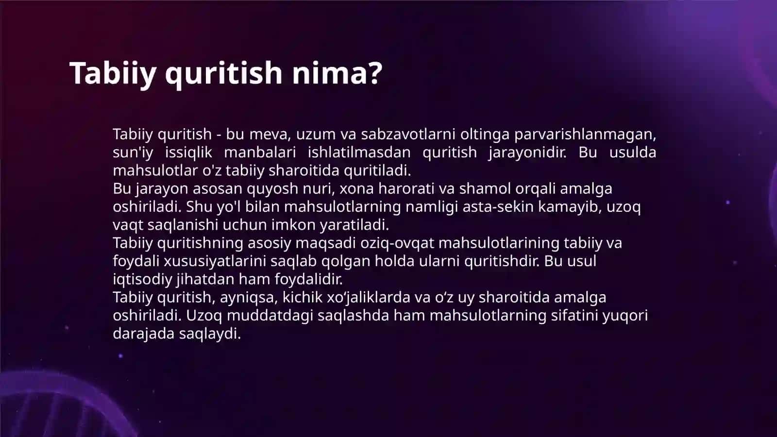 MEVA UZUM VA SABZAVOTLARNI TABIY USULDA QURITISH 3