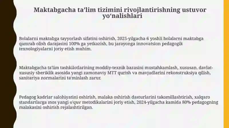 Maktabgacha ta’lim tizimini rivojlantirishning ustuvor yo‘nalishlari 3