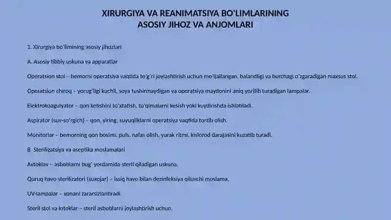 Xirurgiya va reanimatsiya bo'limlari: Asosiy jihozlari 3