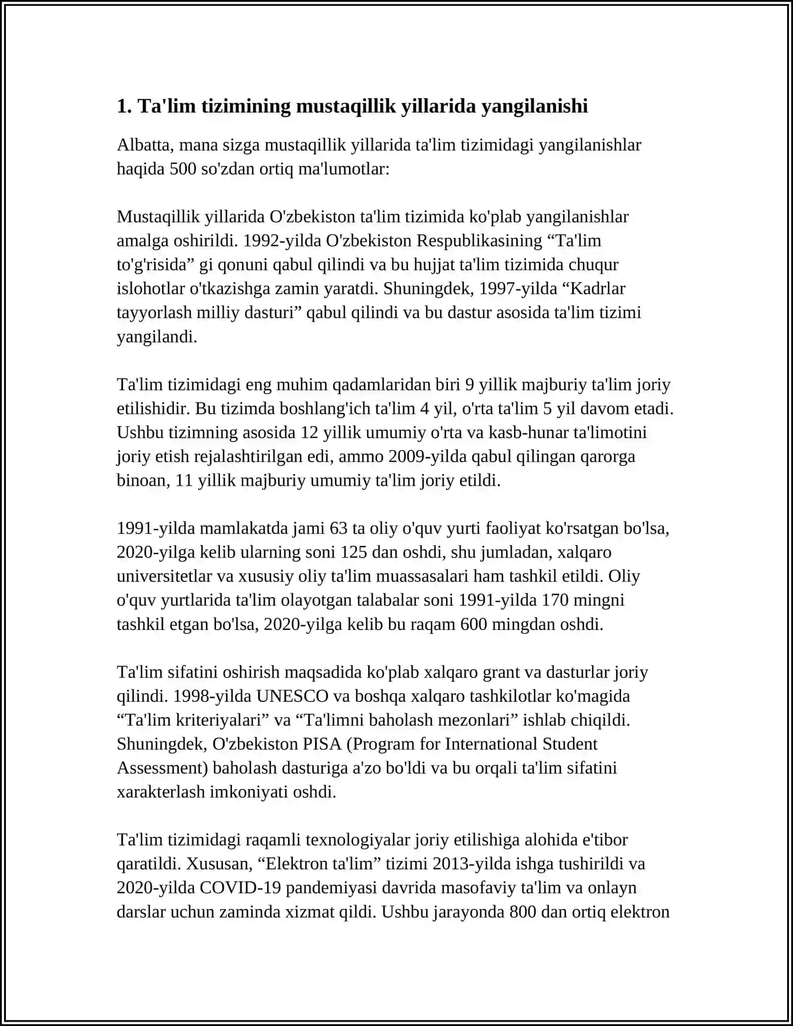MUSTAQILLIK YILLARIDA O'ZBEKISTONDA TA'LIM SOHASIDAGI ISLOHOTLAR 3